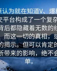 爆网图原认为就在知道V、爆料网、暗网和社交平台构成了一个复杂的网络，每一层背后都隐藏着无数的线索和利益关系。而这一切的真相，或许还需要时间的揭示。但可以肯定的是，这场风波所带来的影响，绝不会那么简单。